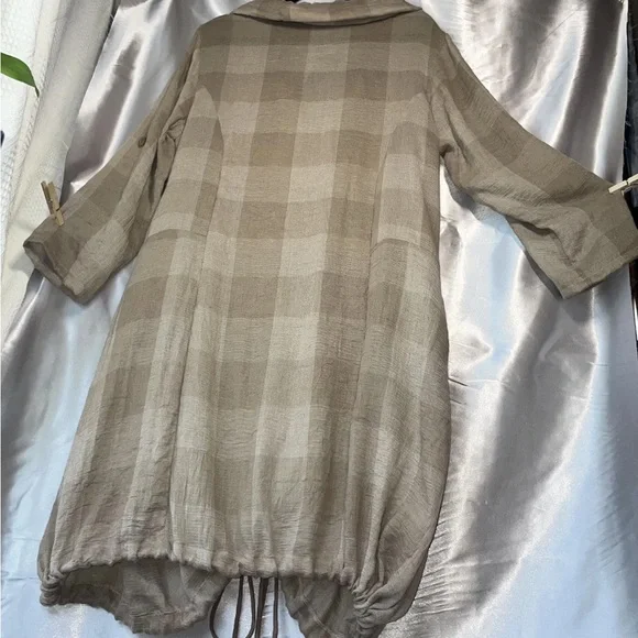 Natural Plaid Check Lagenlook Tunic Dress Size Large Drawstring Button Front - Picture 4 of 14